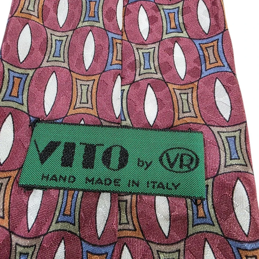 VITO by VR Mens Silk Tie Burgundy Geometric Pattern Necktie Hand Made‎ in Italy